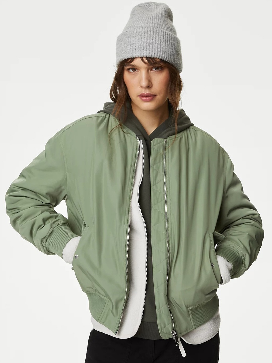 

Marks & Spencer Mandarin Collar Lightweight Bomber Jacket, Green