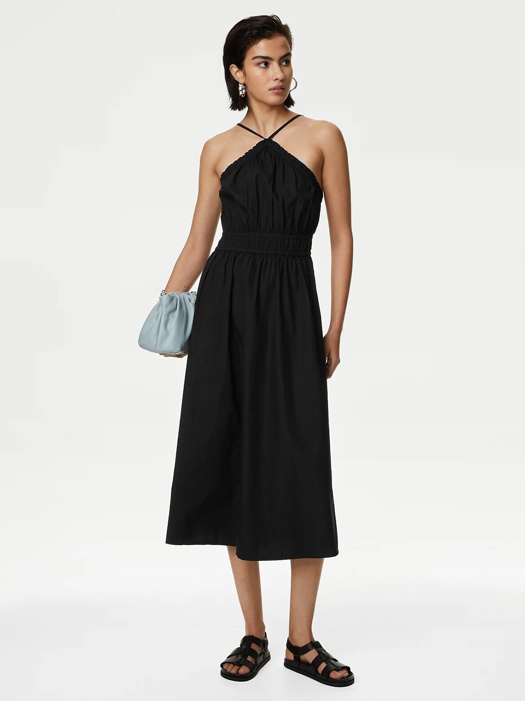 

Marks & Spencer Halter Neck Pure Cotton Fit & Flare Midi Dress, Black