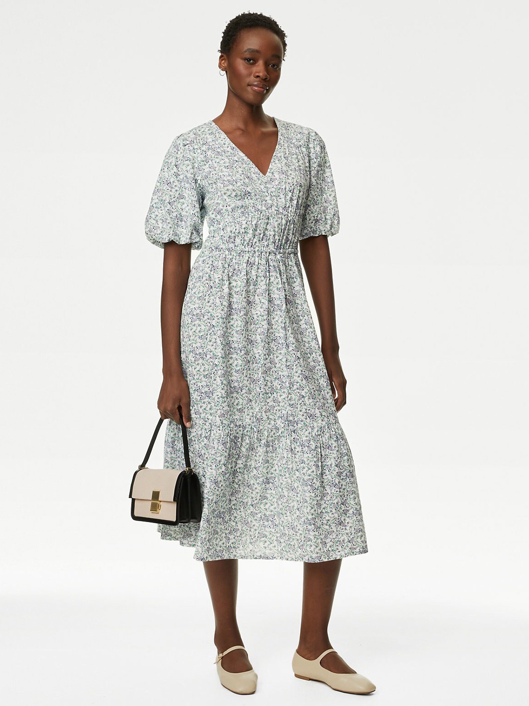 

Marks & Spencer Floral Printed Puff Sleeves A-Line Midi Dress, Off white