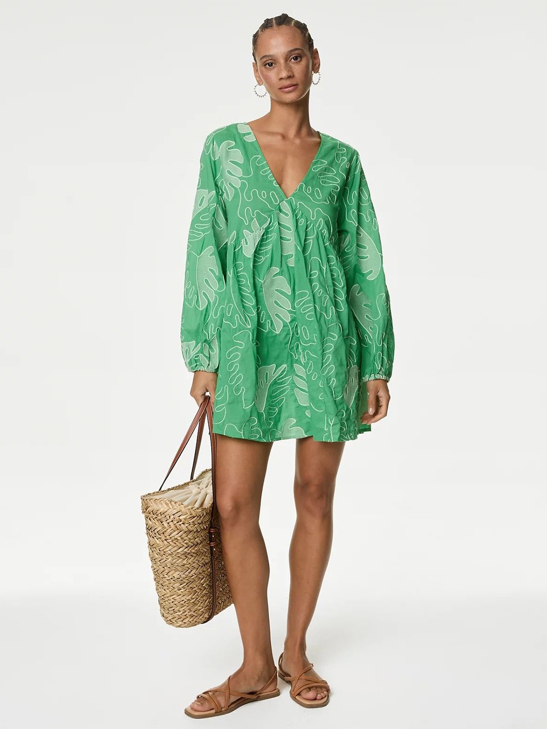 

Marks & Spencer Floral Printed Puff Sleeves Pure Cotton A-Line Mini Dress, Green