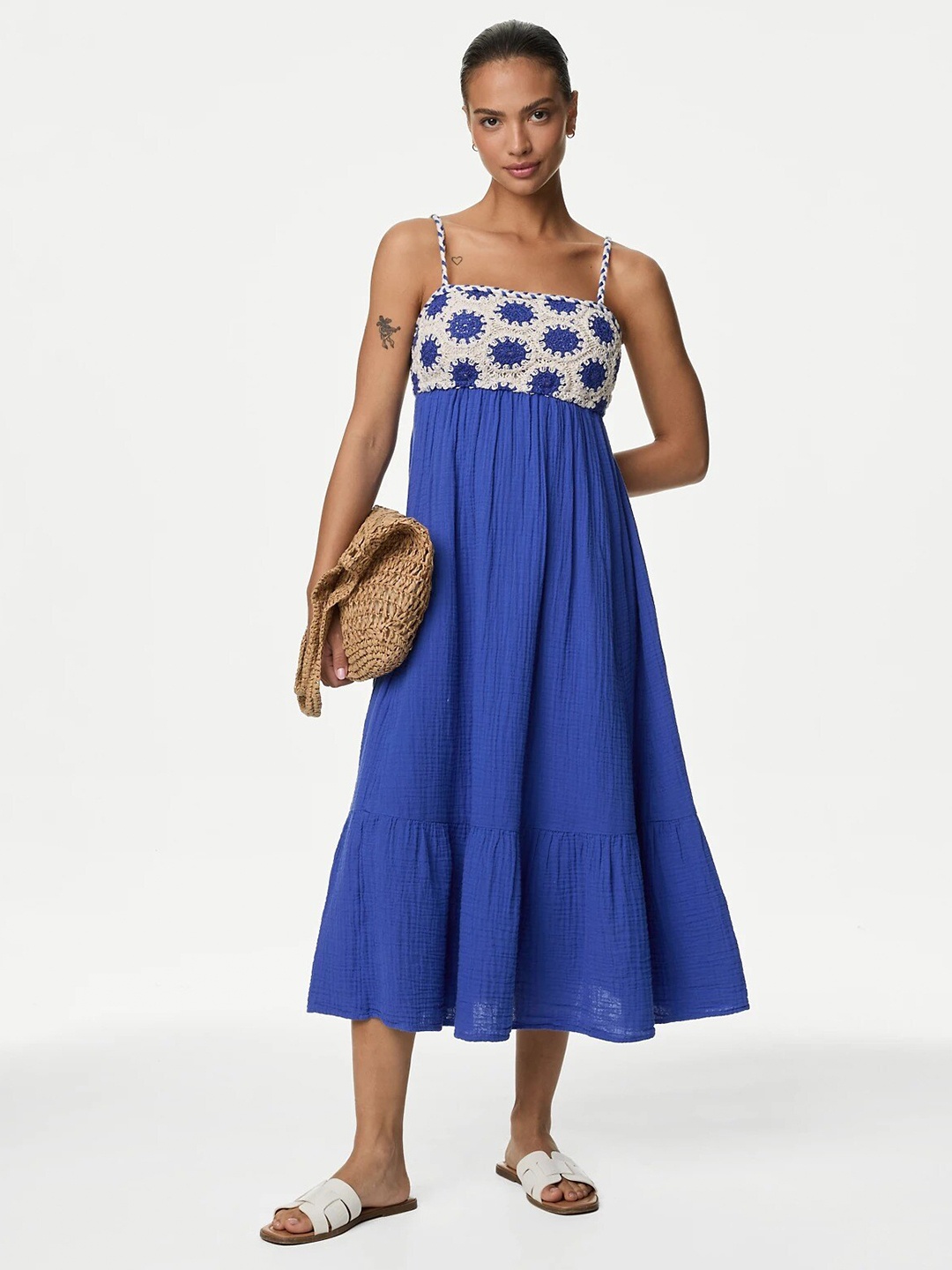 

Marks & Spencer Shoulder Straps Pure Cotton A-Line Midi Dress, Blue