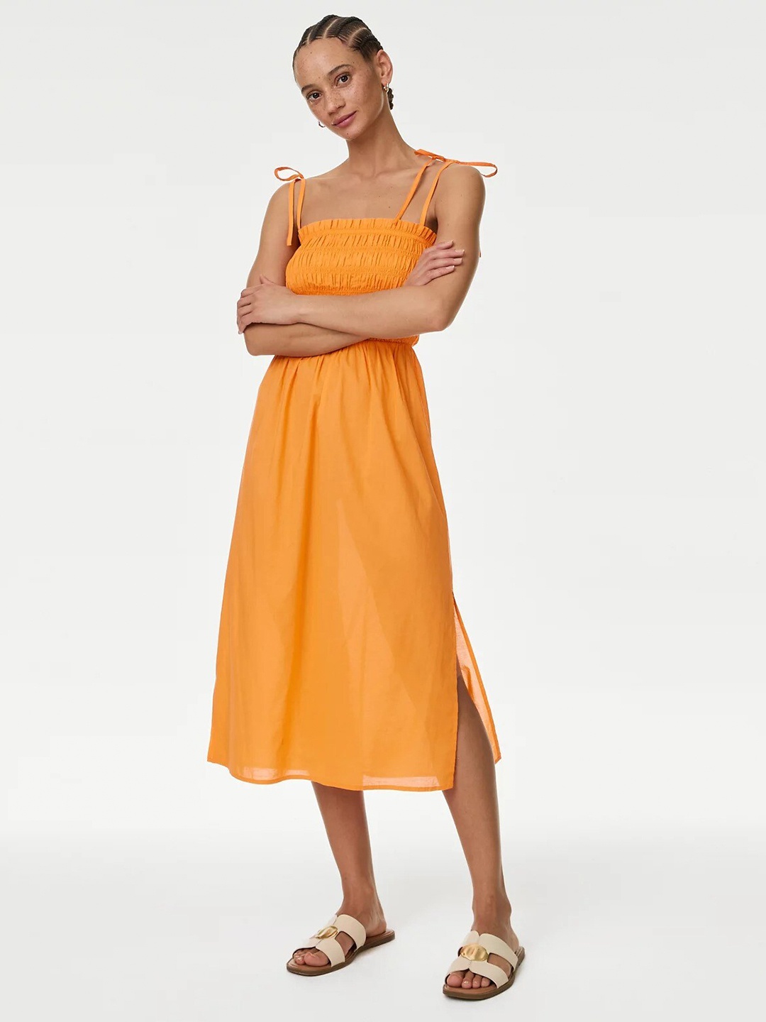 

Marks & Spencer Shoulder Straps Smocked Pure Cotton Fit & Flare Midi Dress, Orange