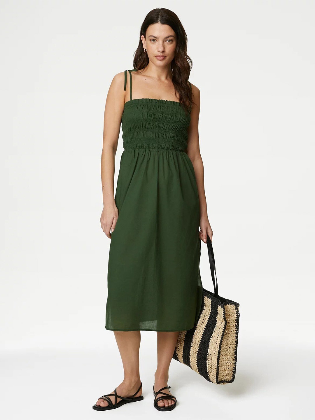 

Marks & Spencer Shoulder Straps Smocked Pure Cotton Fit & Flare Midi Dress, Olive