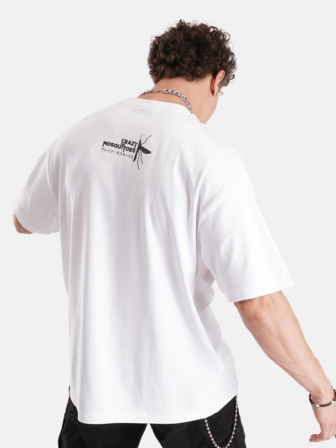 

Crazy Mosquitoes Conversational Printed Applique Cotton Oversized T-shirt, White