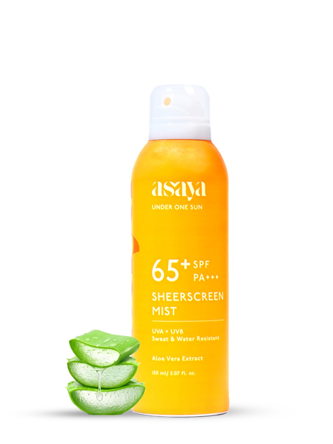 

Asaya Under One Sun Sheerscreen Mist Aloe Vera Extract SPF 65+ P+++ Sunscreen Spray 150 ml, Yellow