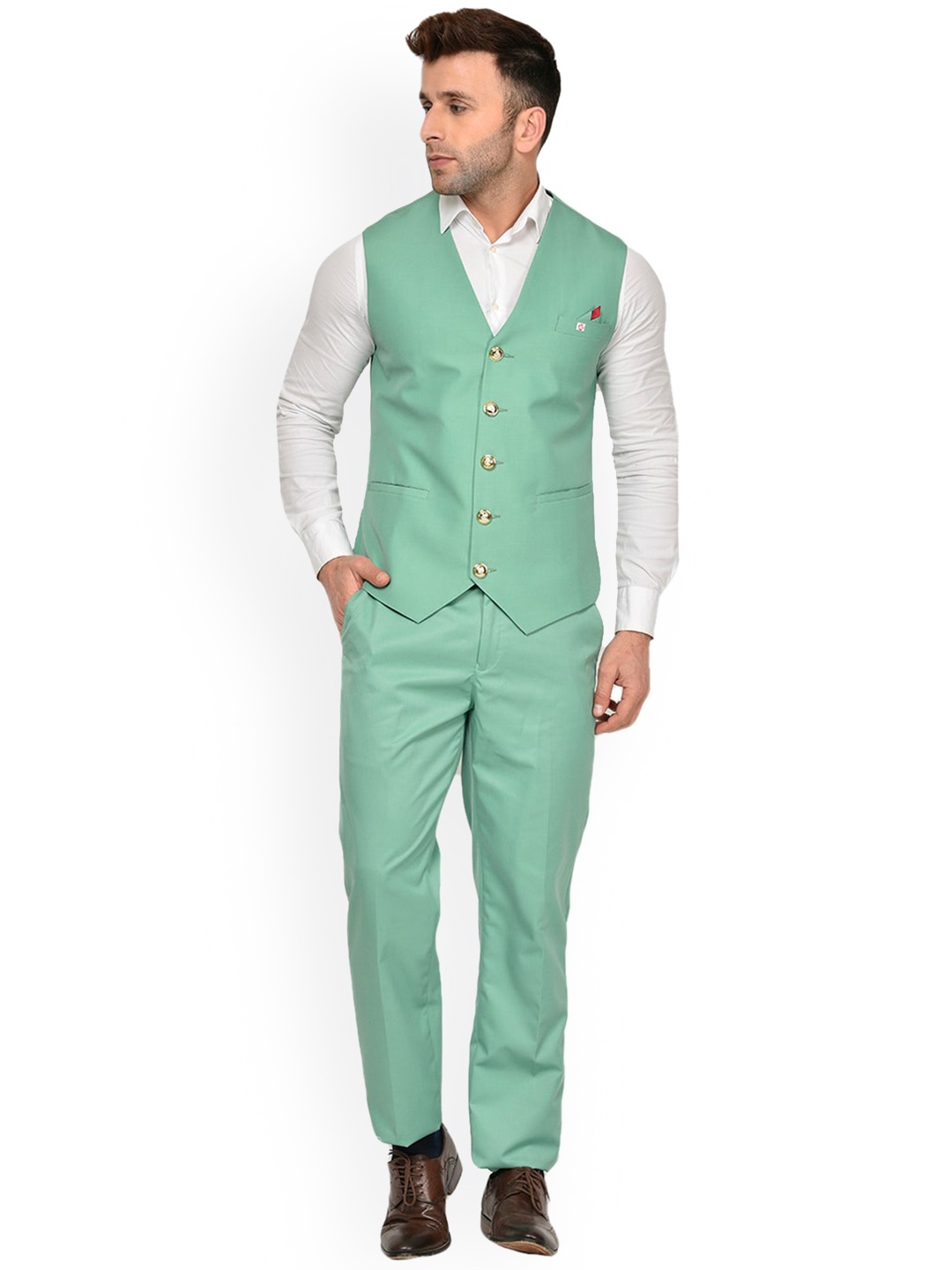 

REFULGENT Collarless Single-Breasted Two-Piece Suit, Green