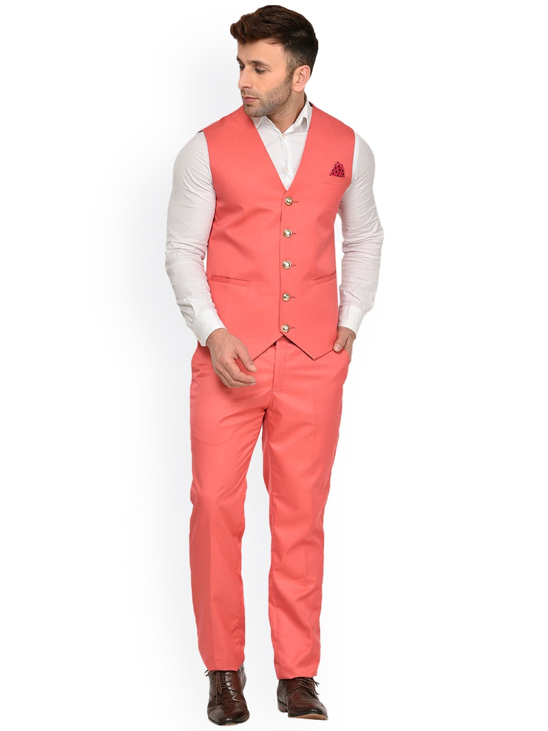 

REFULGENT Men Single-Breasted Collarless Two-Piece Party Suit, Pink