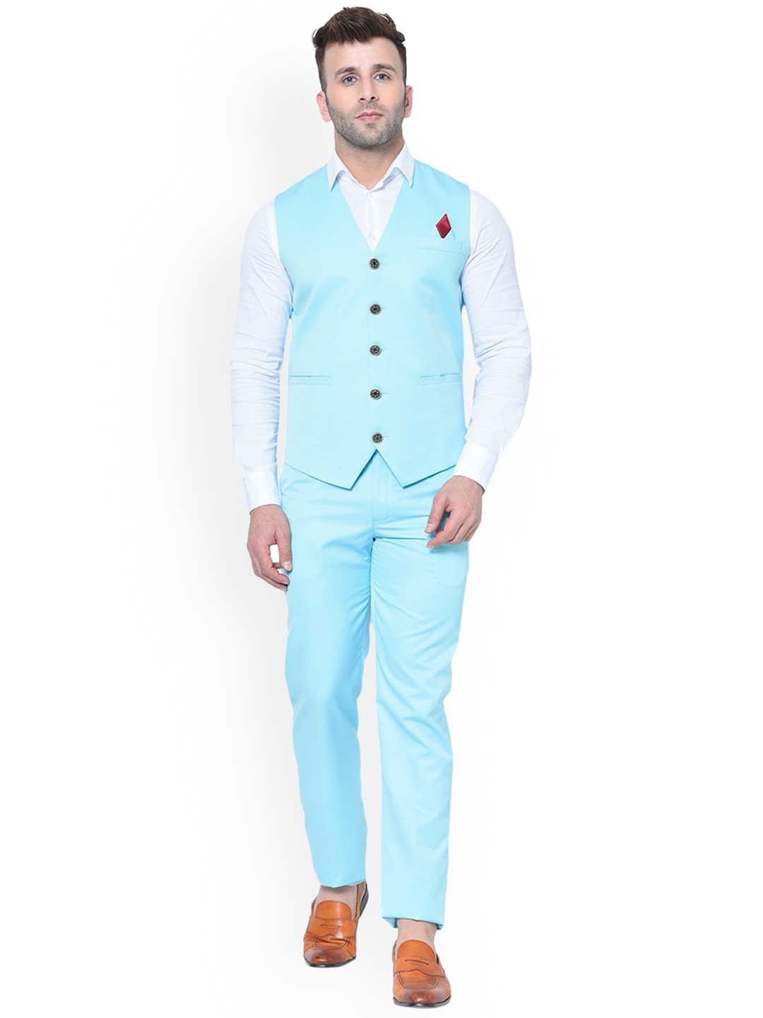 

REFULGENT Men Single-Breasted Collarless Two-Piece Party Suit, Blue