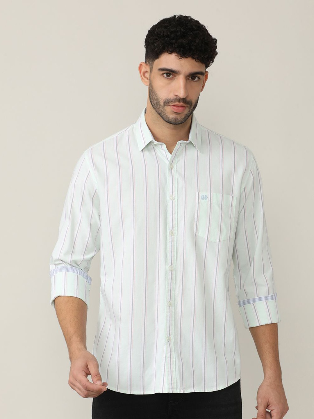 

DRAGON HILL Vertical Striped Spread Collar Classic Slim Fit Cotton Casual Shirt, Green