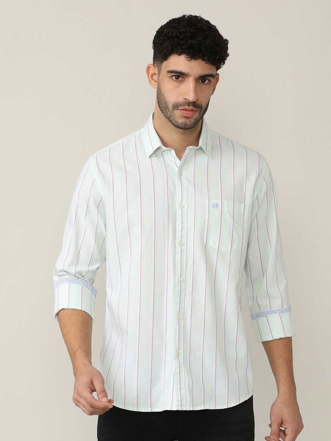 

DRAGON HILL Classic Slim Fit Oxford Vertical Striped Shirt, Green