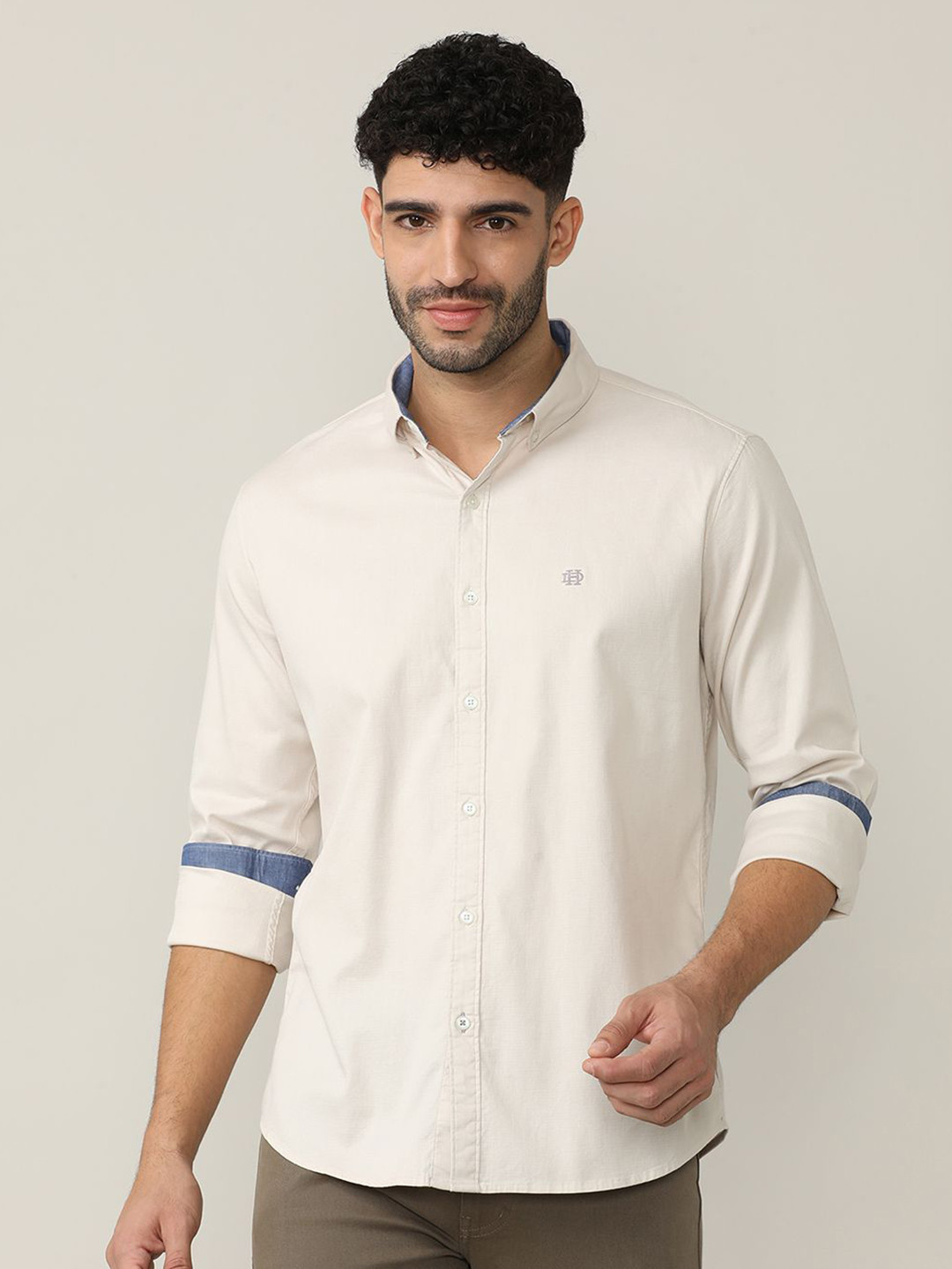 

DRAGON HILL Classic Slim Fit Button Down Collar Full Sleeves Cotton Casual Shirt, Cream