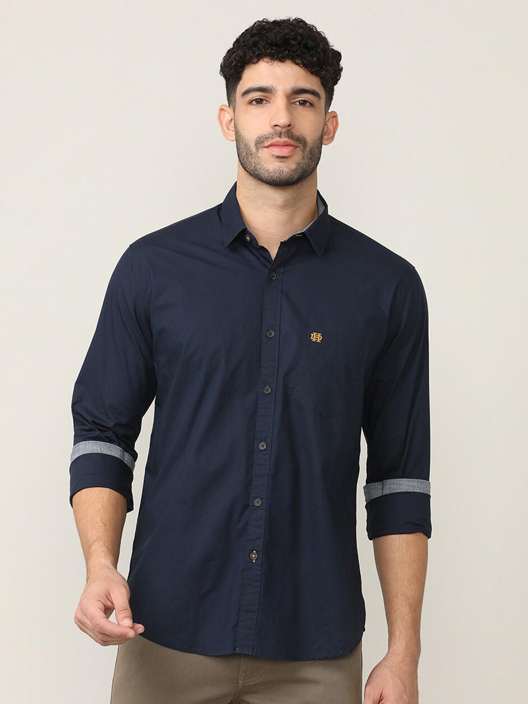 

DRAGON HILL Spread Collar Classic Slim Fit Cotton Casual Shirt, Navy blue