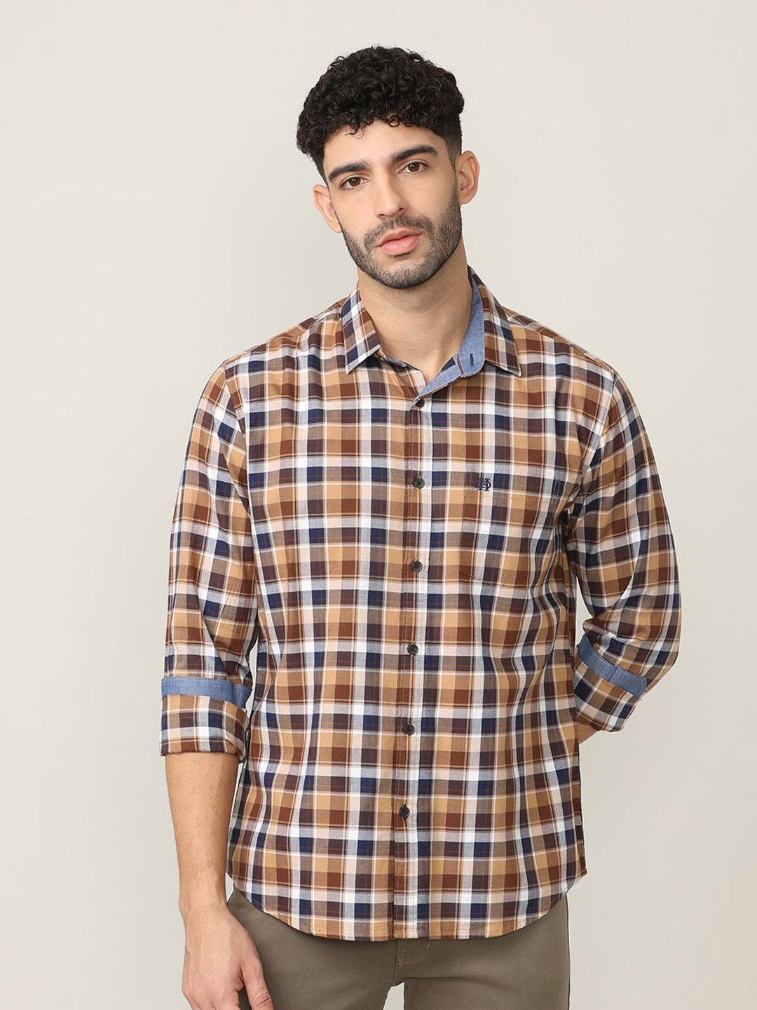 

DRAGON HILL Classic Slim Fit Tartan Checked Cotton Oxford Casual Shirt, Brown
