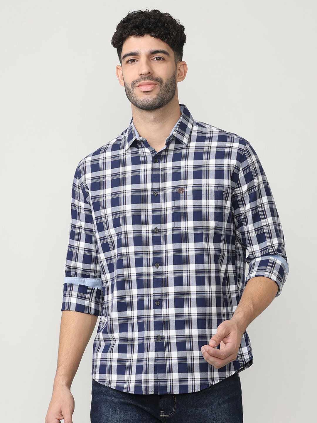 

DRAGON HILL Classic Slim Fit Tartan Checked Oxford Cotton Casual Shirt, Navy blue