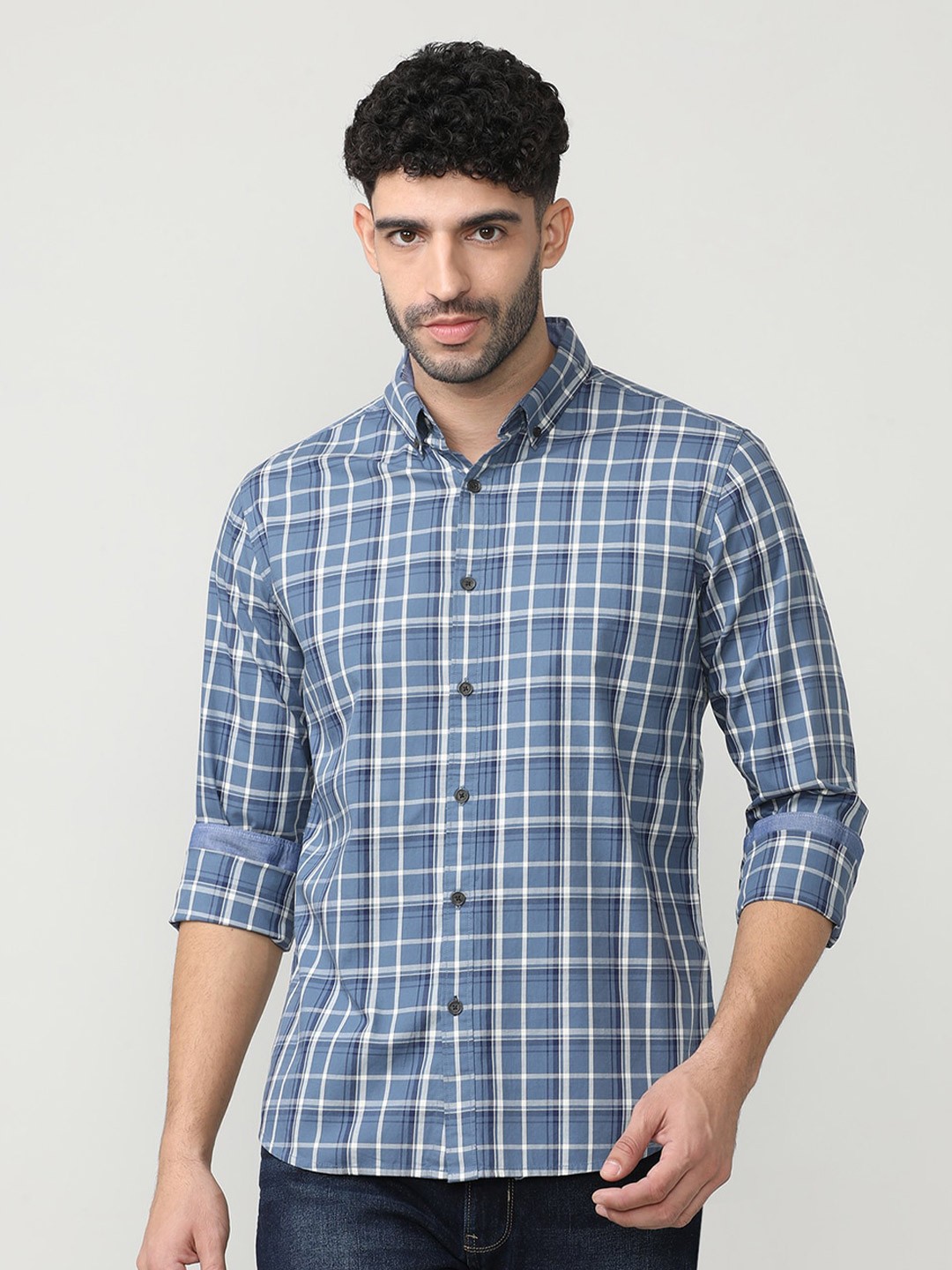 

DRAGON HILL Classic Slim Fit Tartan Checked Cotton Twill Casual Shirt, Blue