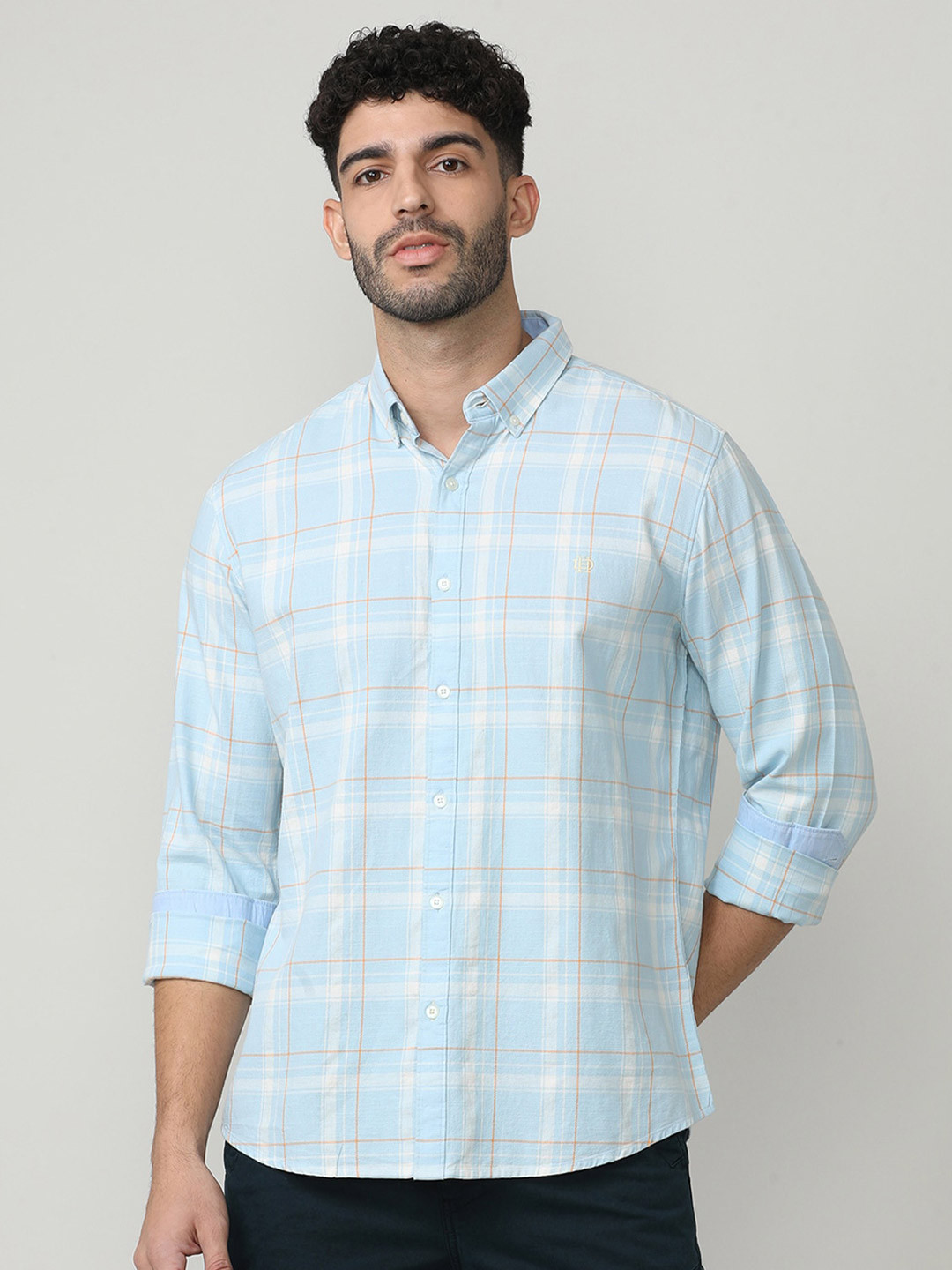 

DRAGON HILL Classic Slim Fit Checked Cotton Oxford Casual Shirt, Blue