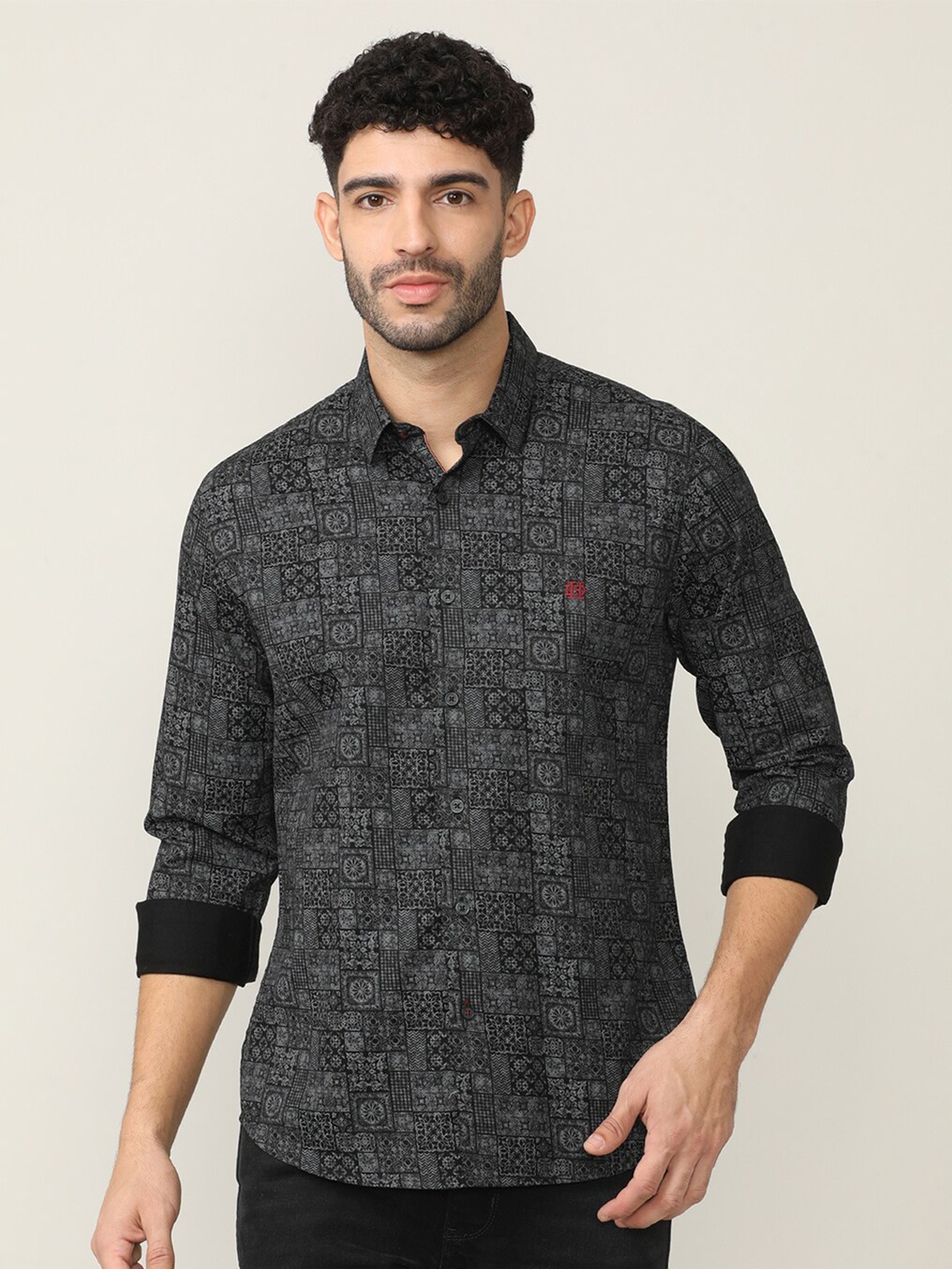 

DRAGON HILL Classic Slim Fit Abstract Printed Cotton Casual Shirt, Black