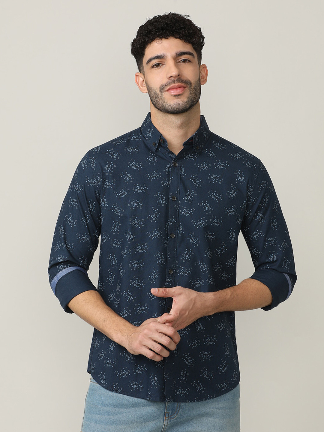 

DRAGON HILL Classic Slim Fit Floral Printed Button-Down Collar Cotton Casual Shirt, Navy blue