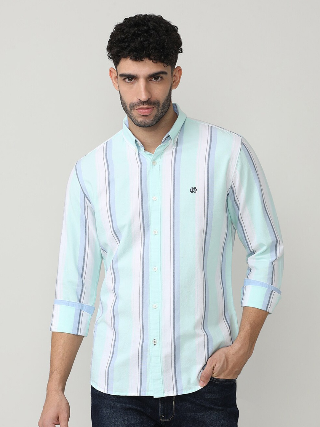 

DRAGON HILL Classic Slim Fit Cotton Striped Casual Shirt, Green