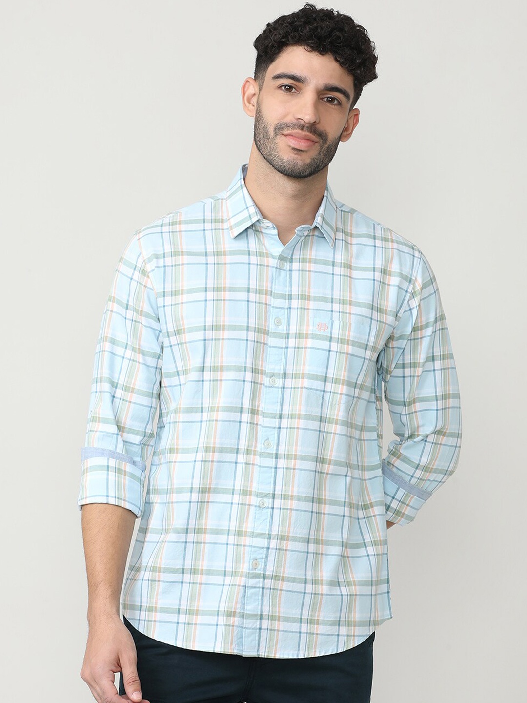 

DRAGON HILL Classic Slim Fit Cotton Checked Casual Shirt, Turquoise blue