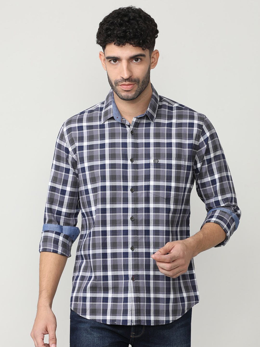 

DRAGON HILL Classic Slim Fit Tartan Checks Cotton Checked Casual Shirt, Navy blue