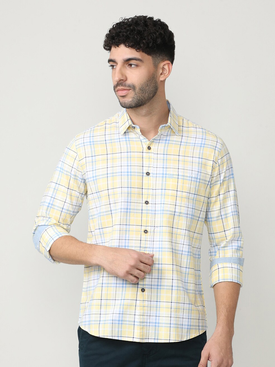 

DRAGON HILL Classic Slim Fit Cotton Checked Casual Shirt, Yellow