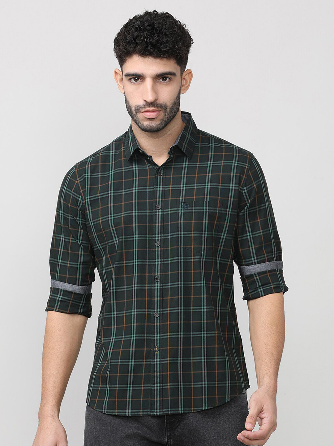 

DRAGON HILL Classic Slim Fit Tartan Checks Cotton Checked Casual Shirt, Olive