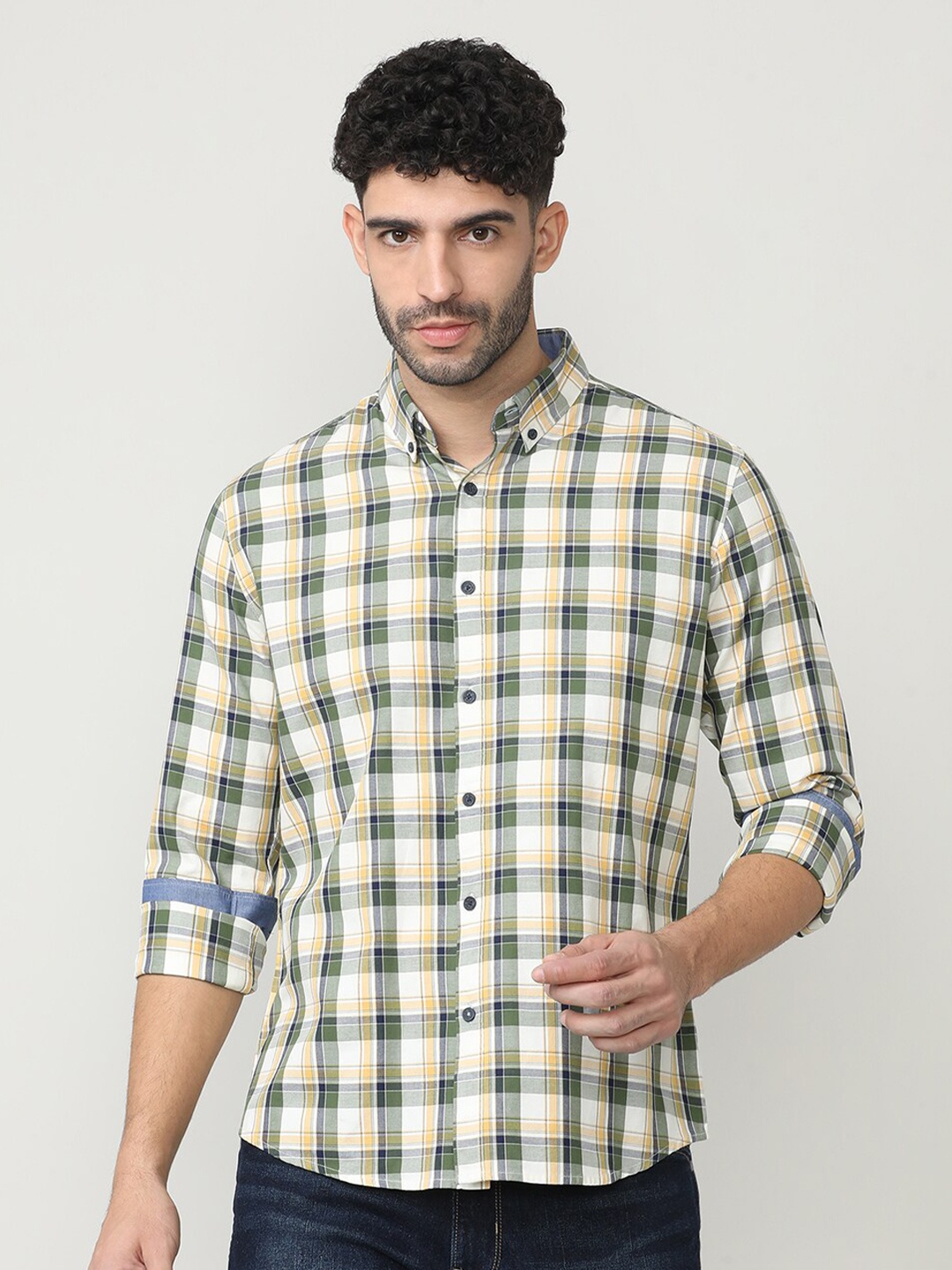 

DRAGON HILL Classic Slim Fit Tartan Checks Cotton Checked Casual Shirt, Green