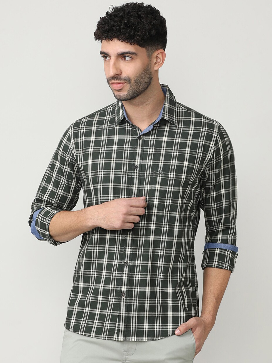 

DRAGON HILL Classic Slim Fit Tartan Checks Cotton Checked Casual Shirt, Green