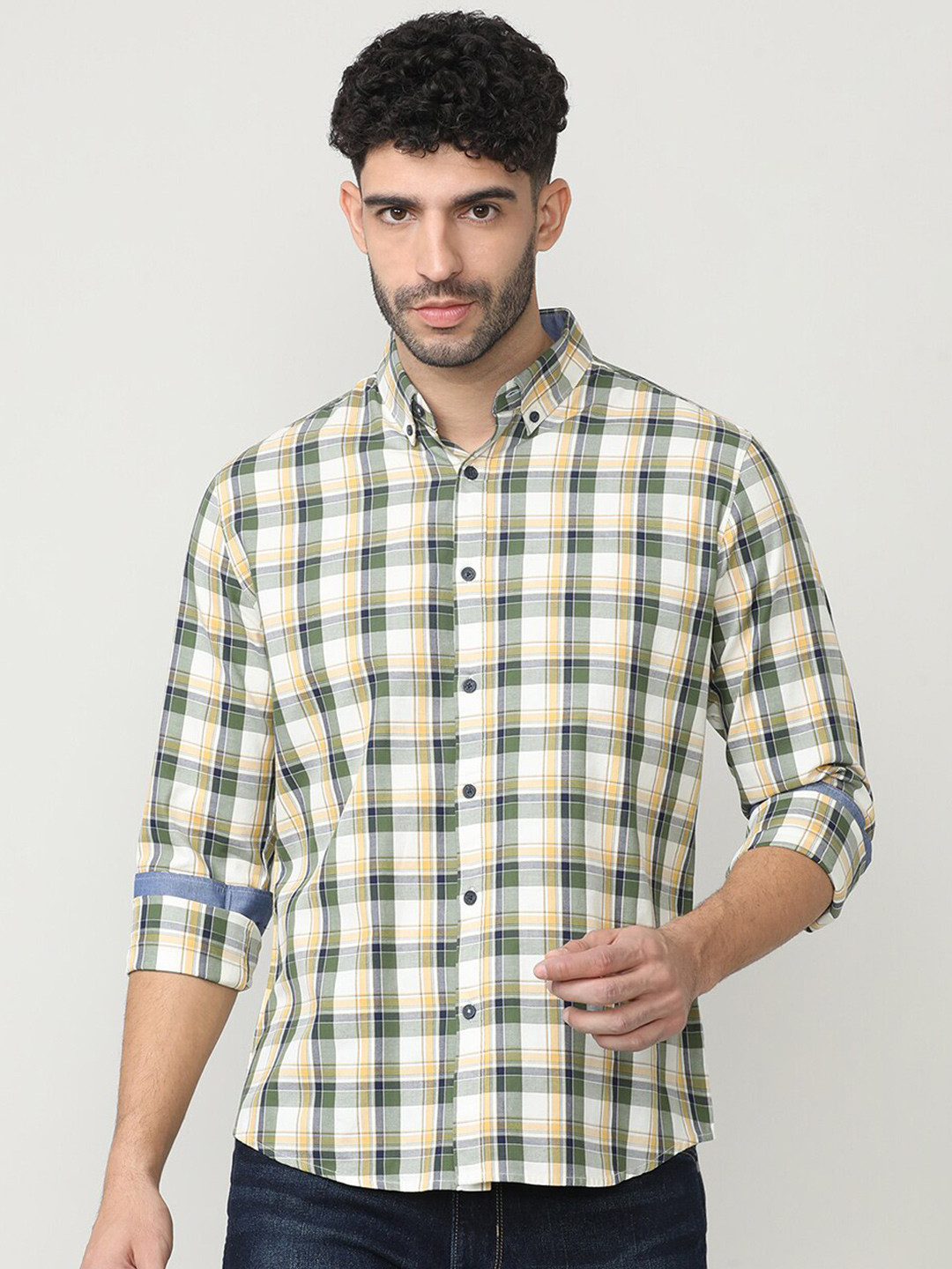 

DRAGON HILL Classic Slim Fit Tartan Checks Cotton Checked Casual Shirt, Green