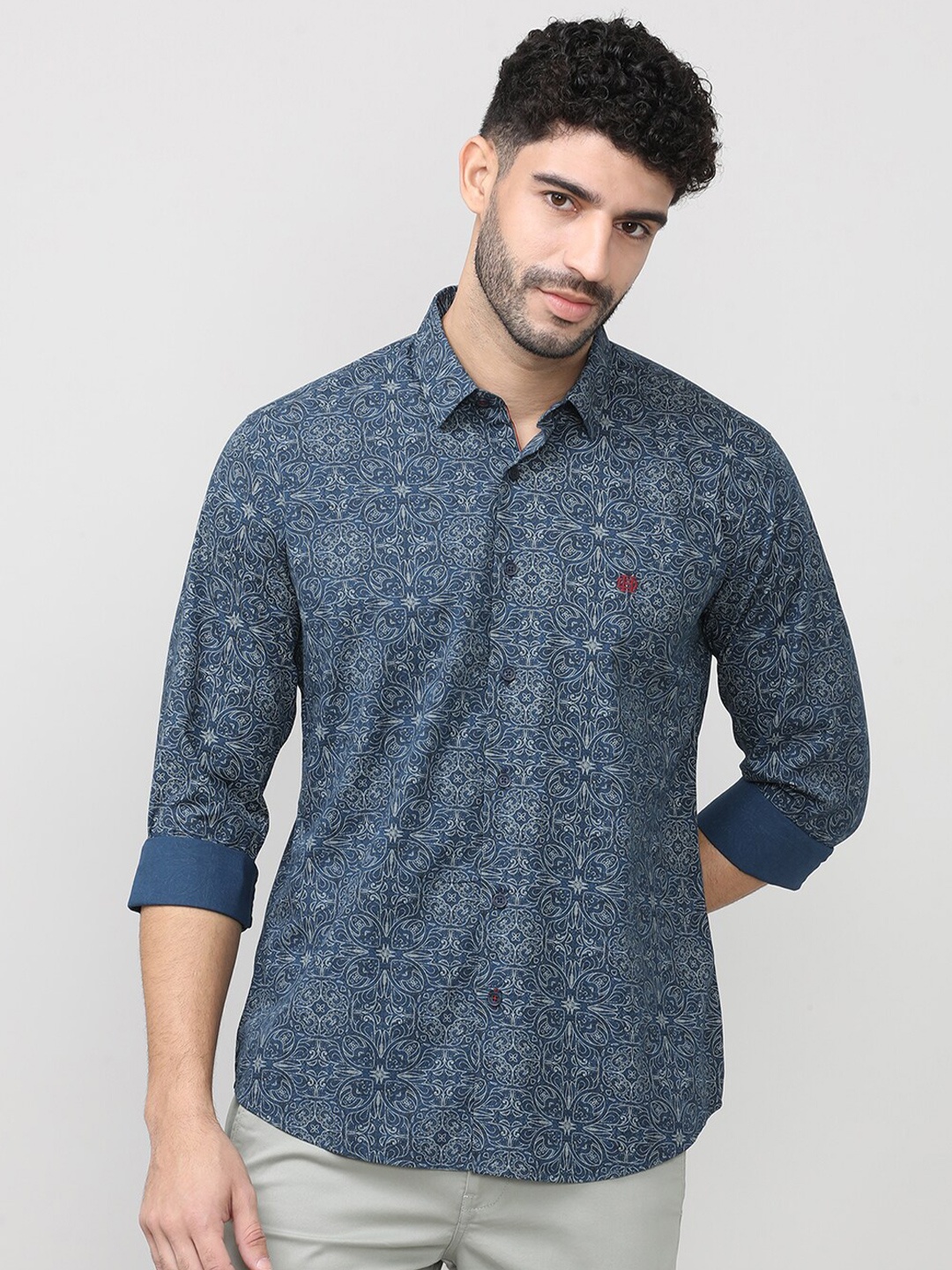 

DRAGON HILL Classic Slim Fit Floral Cotton Printed Casual Shirt, Navy blue