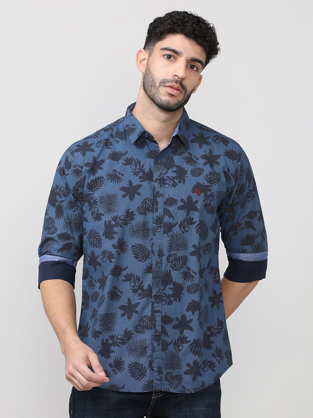 

DRAGON HILL Classic Slim Fit Floral Printed Cotton Casual Shirt, Blue