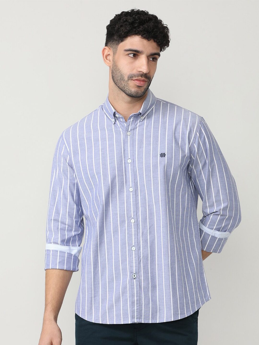 

DRAGON HILL Classic Slim Fit Vertical Stripes Button-Down Collar Oxford Casual Shirt, Sea green