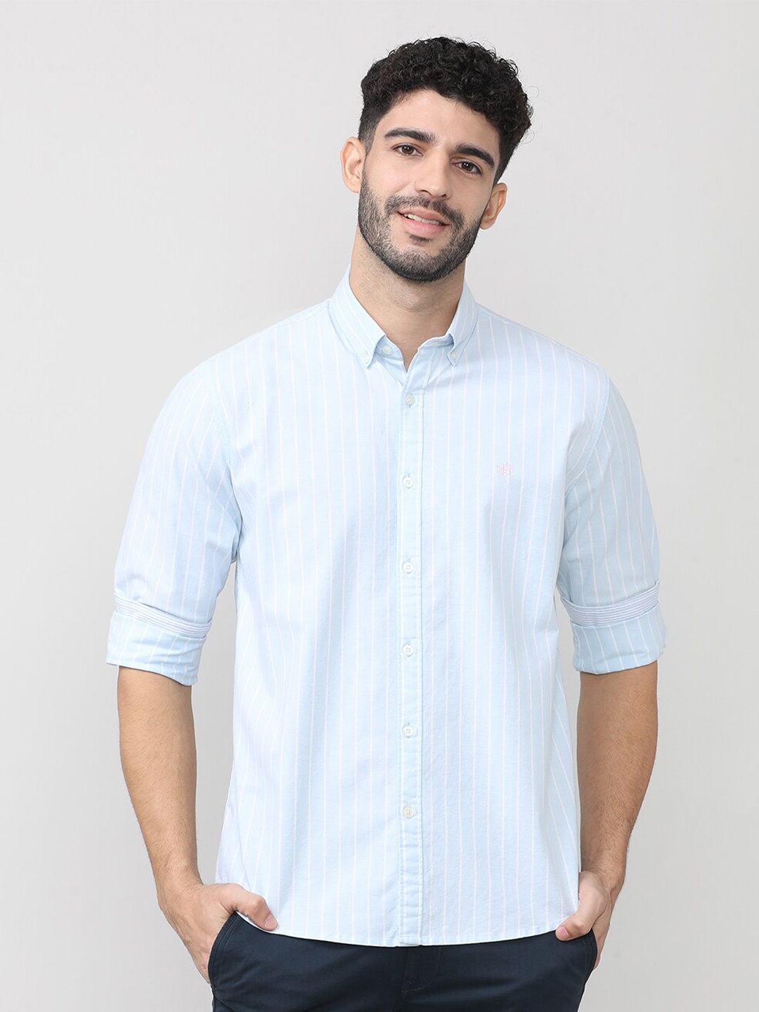 

DRAGON HILL Classic Vertical Stripes Button-Down Collar Slim Fit Cotton Casual Shirt, Blue