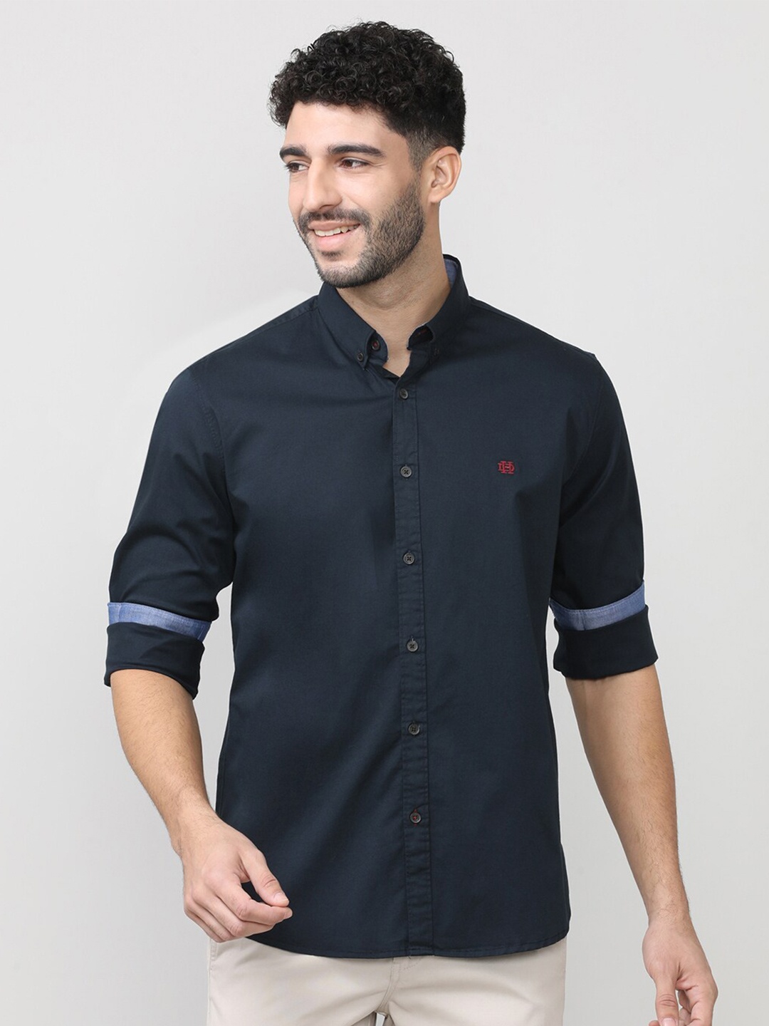 

DRAGON HILL Classic Button-Down Collar Slim Fit Cotton Casual Shirt, Navy blue