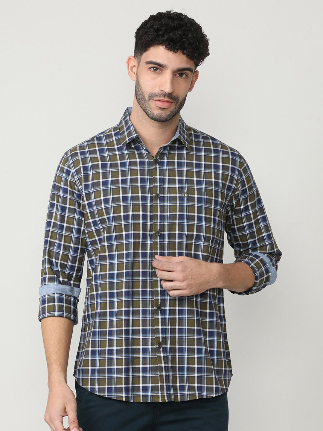 

DRAGON HILL Classic Tartan Checks Slim Fit Cotton Casual Shirt, Olive