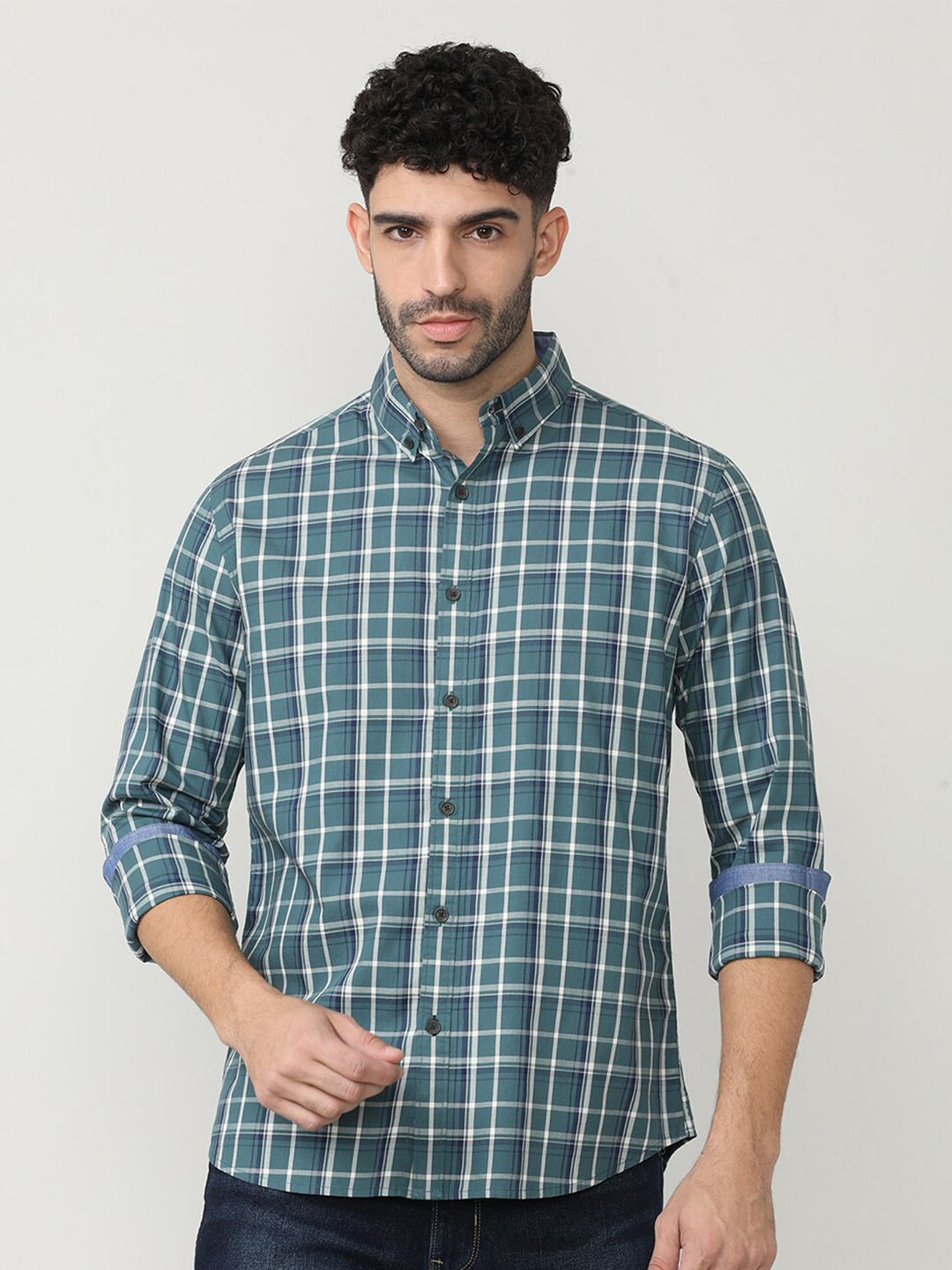 

DRAGON HILL Classic Tartan Checks Button-Down Collar Slim Fit Cotton Casual Shirt, Sea green