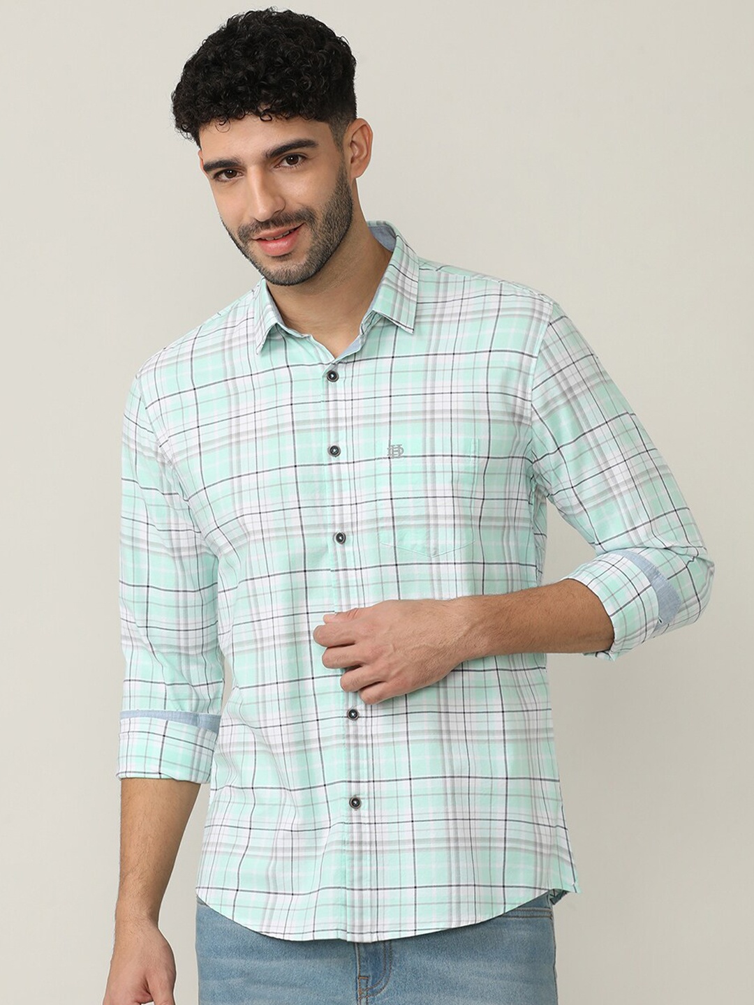 

DRAGON HILL Classic Tartan Checks Cutaway Collar Slim Fit Cotton Casual Shirt, Green