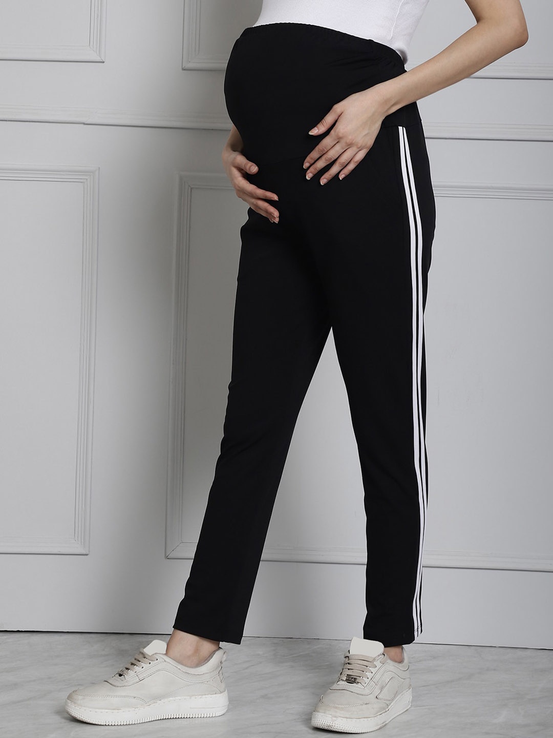 

Frempy Women Striped Maternity Track Pants, Black