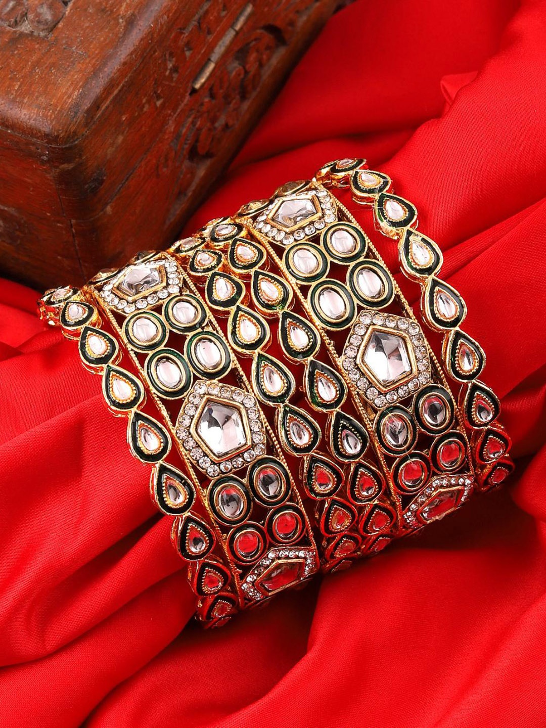 

MANSIYAORANGE Set of 6 Gold-Plated Kundan Stone Studded Meena Bangle