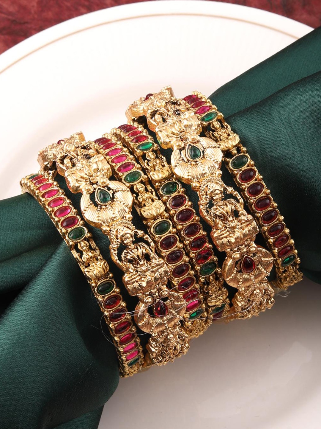 

MANSIYAORANGE Set Of 6 Gold-Plated Kundan & AD-Studded Bangles