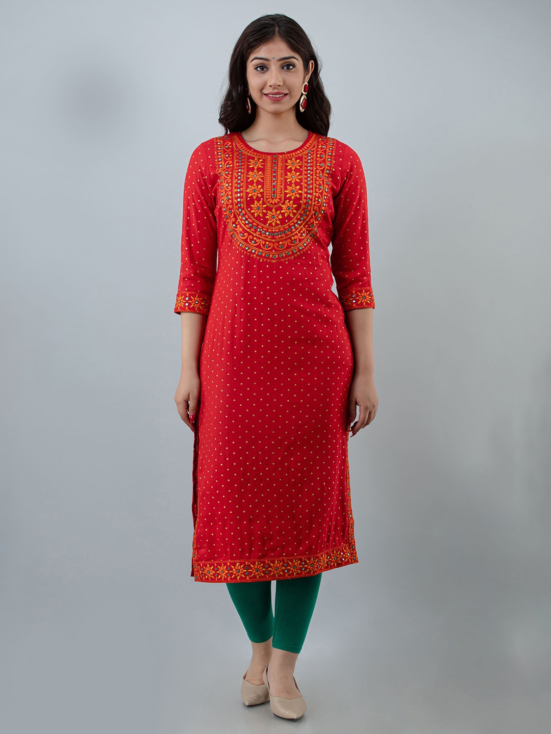 

STYLE ANGEL Floral Printed & Embroidered Mirror Work Straight Kurta, Red