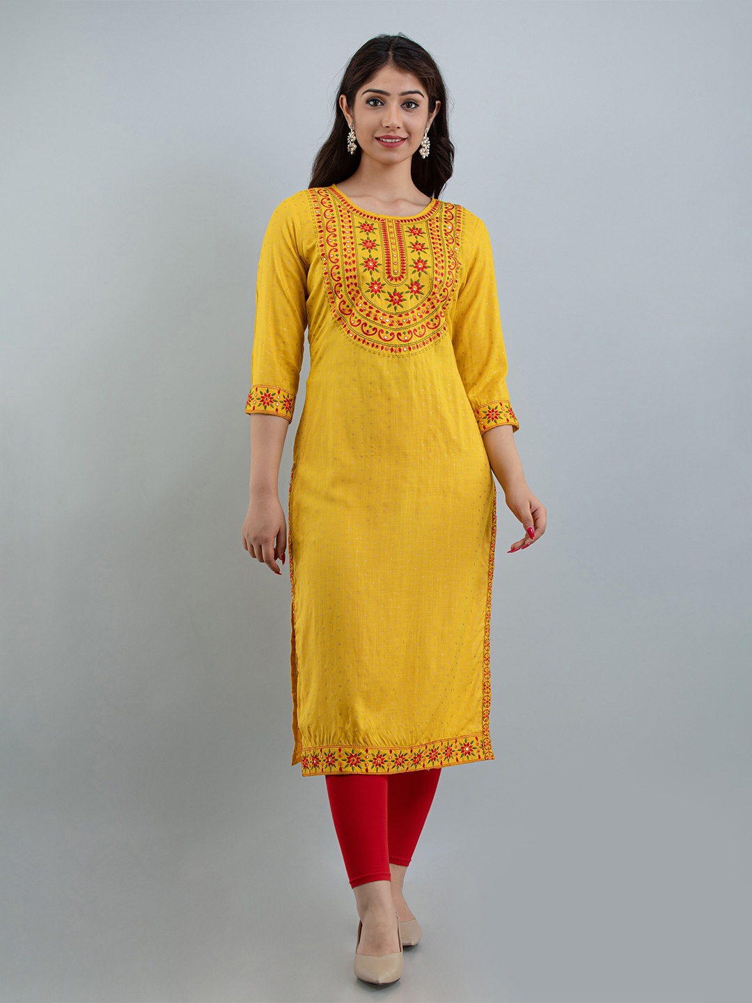 

STYLE ANGEL Embroidered Straight Kurta, Yellow