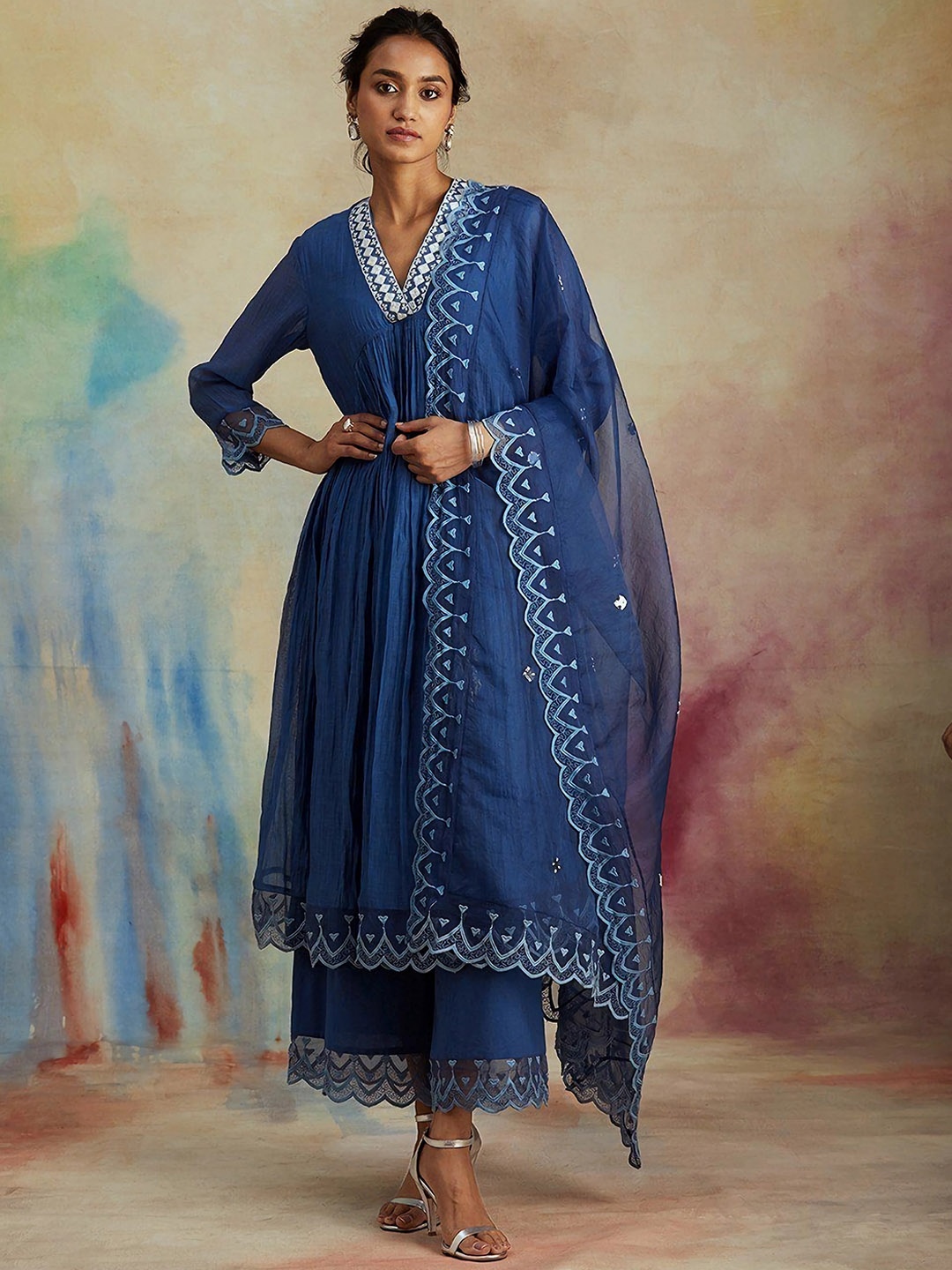 

KALINI Floral Embroidered Pleated Thread Work Kurta with Palazzos & Dupatta, Blue