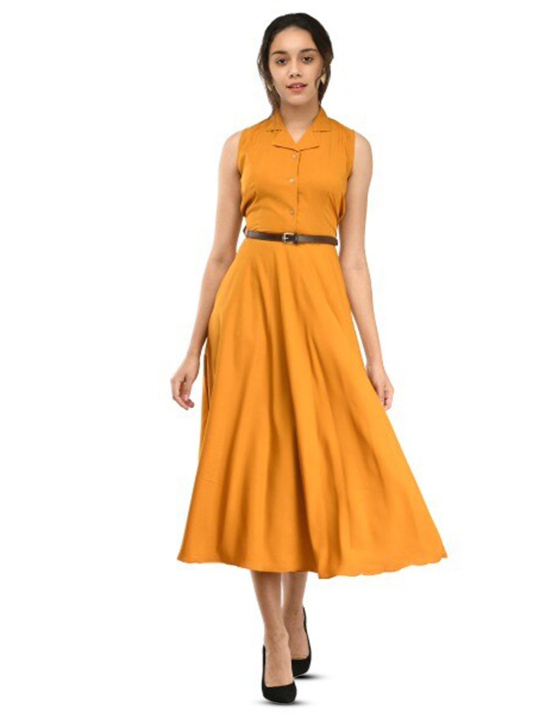 

Rudraaksha Creations Shirt Collar Sleeveless Fit & Flare Midi Dress, Yellow