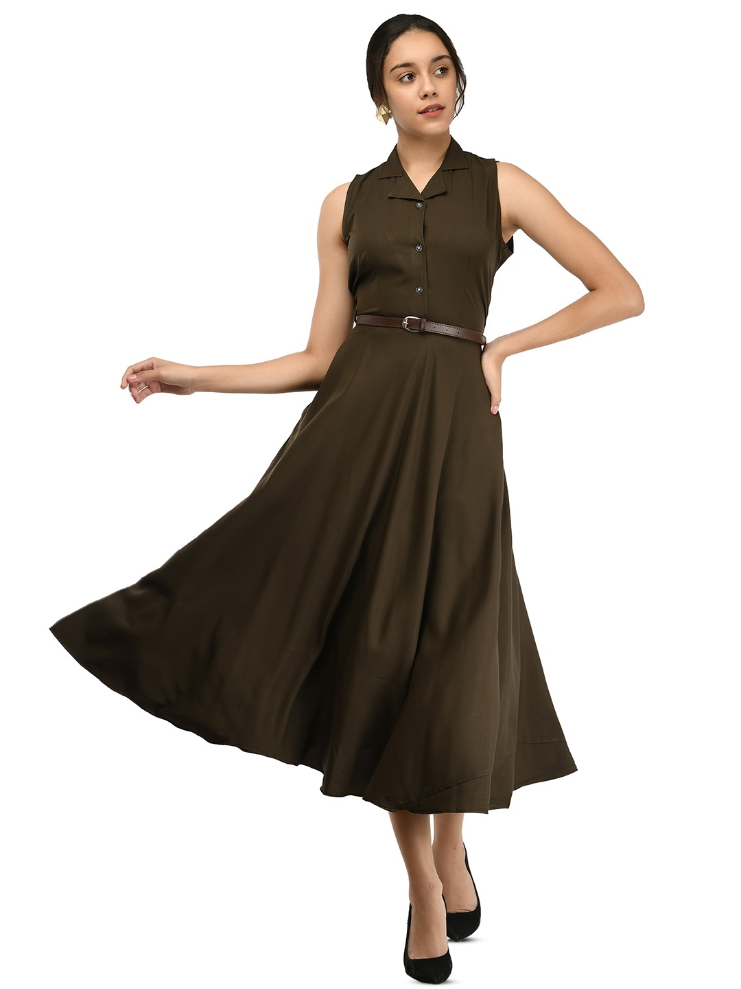 

Rudraaksha Creations Shirt Collar Sleeveless Fit & Flare Midi Dress, Brown