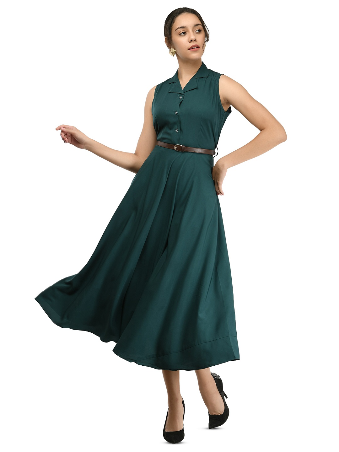 

Rudraaksha Creations Shirt Collar Sleeveless Fit & Flare Midi Dress, Green