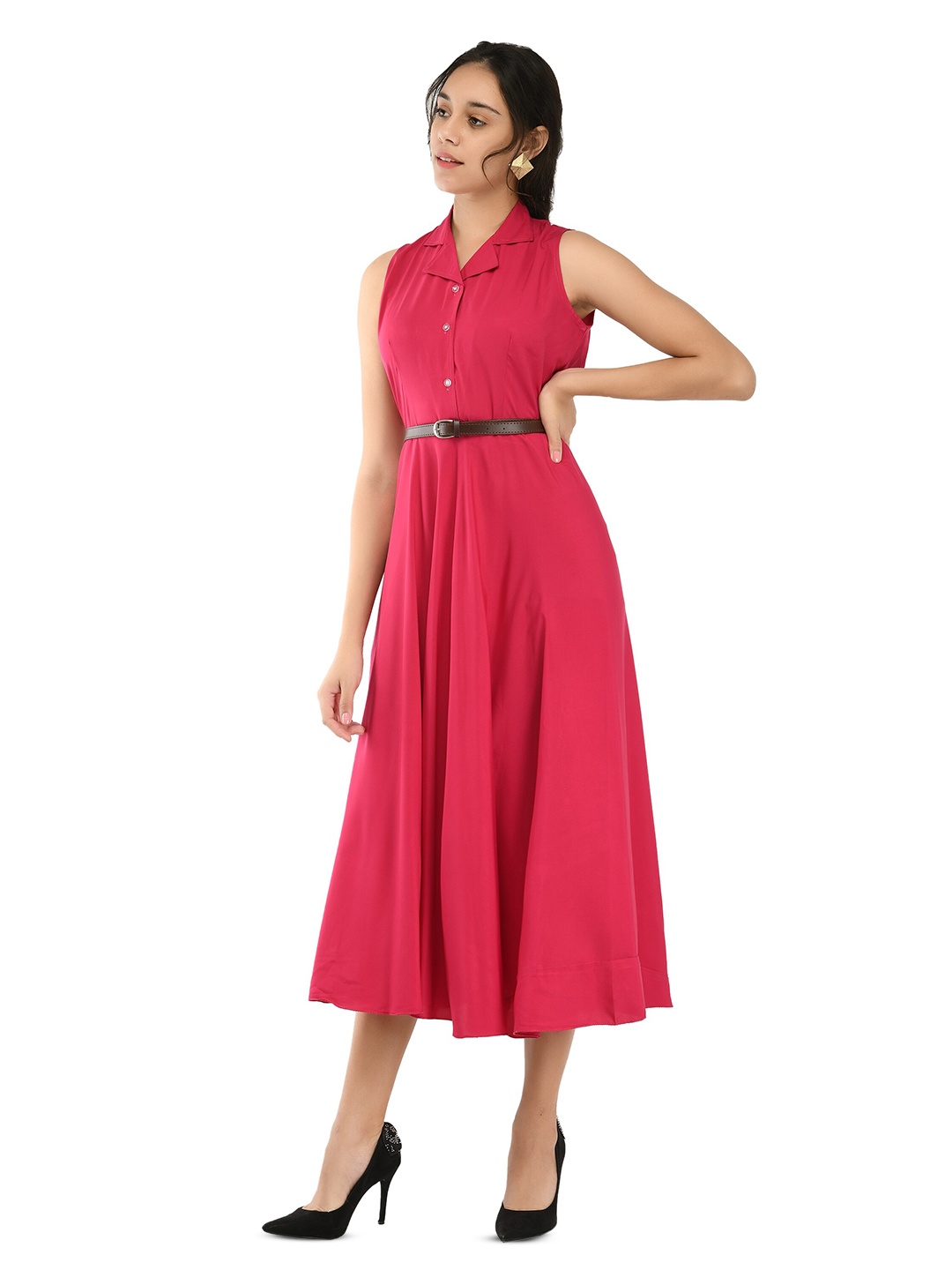 

Rudraaksha Creations Shirt Collar Sleeveless Fit & Flare Midi Dress, Pink