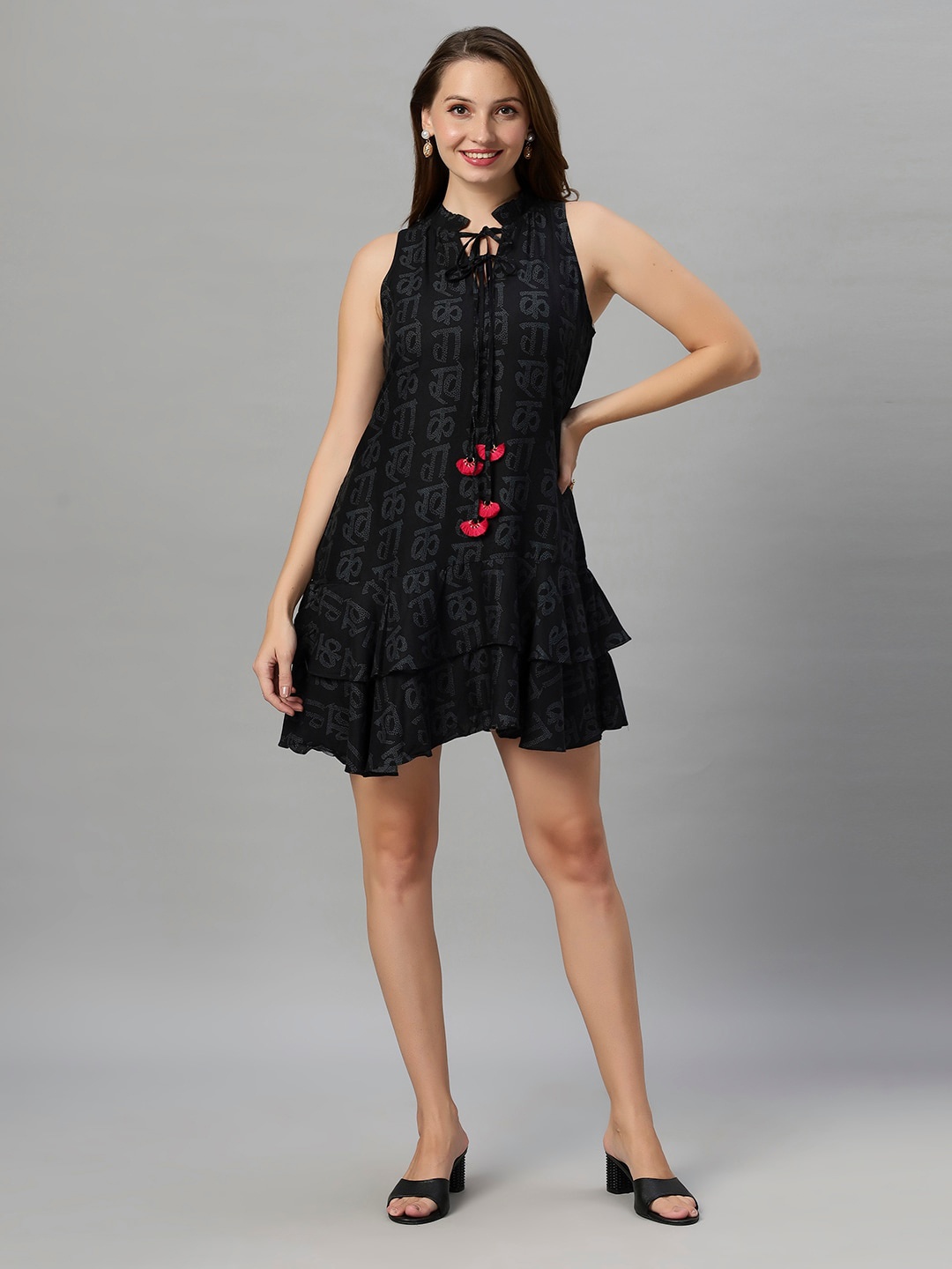 

Autumn Hues Alphanumeric Self Design Flared Tie-Up Neck A-Line Dress, Black