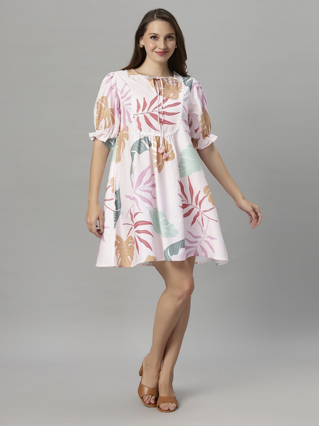 

Autumn Hues Floral Printed Flared Tie-Up Neck Fit & Flare Dress, Pink